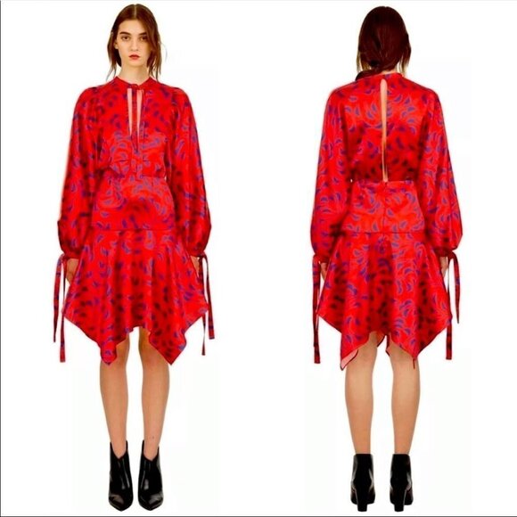 NWT Self-Portrait Red Satin Print Midi Dress $465 - Picture 1 of 8
